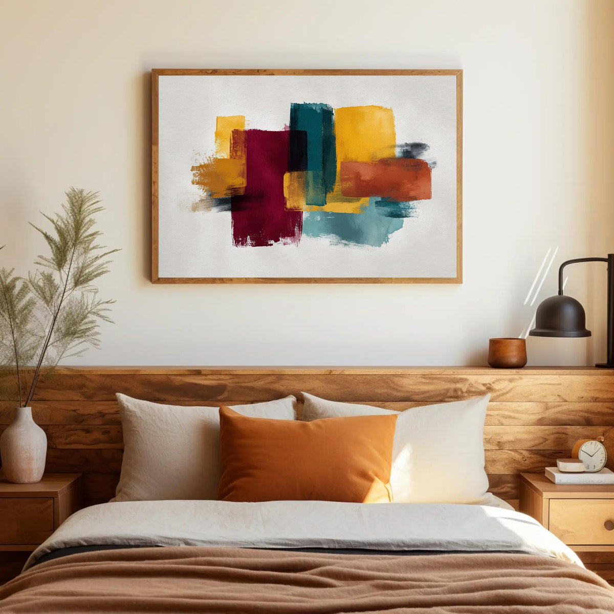 Abstract color brushstrokes canvas wall art, modern bedroom with a large abstract painting hanging on the wall above a bed