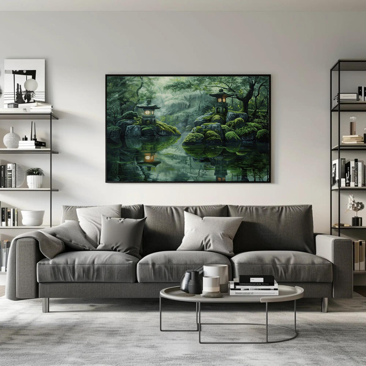 Japanese lantern zen garden canvas wall art in a room setting