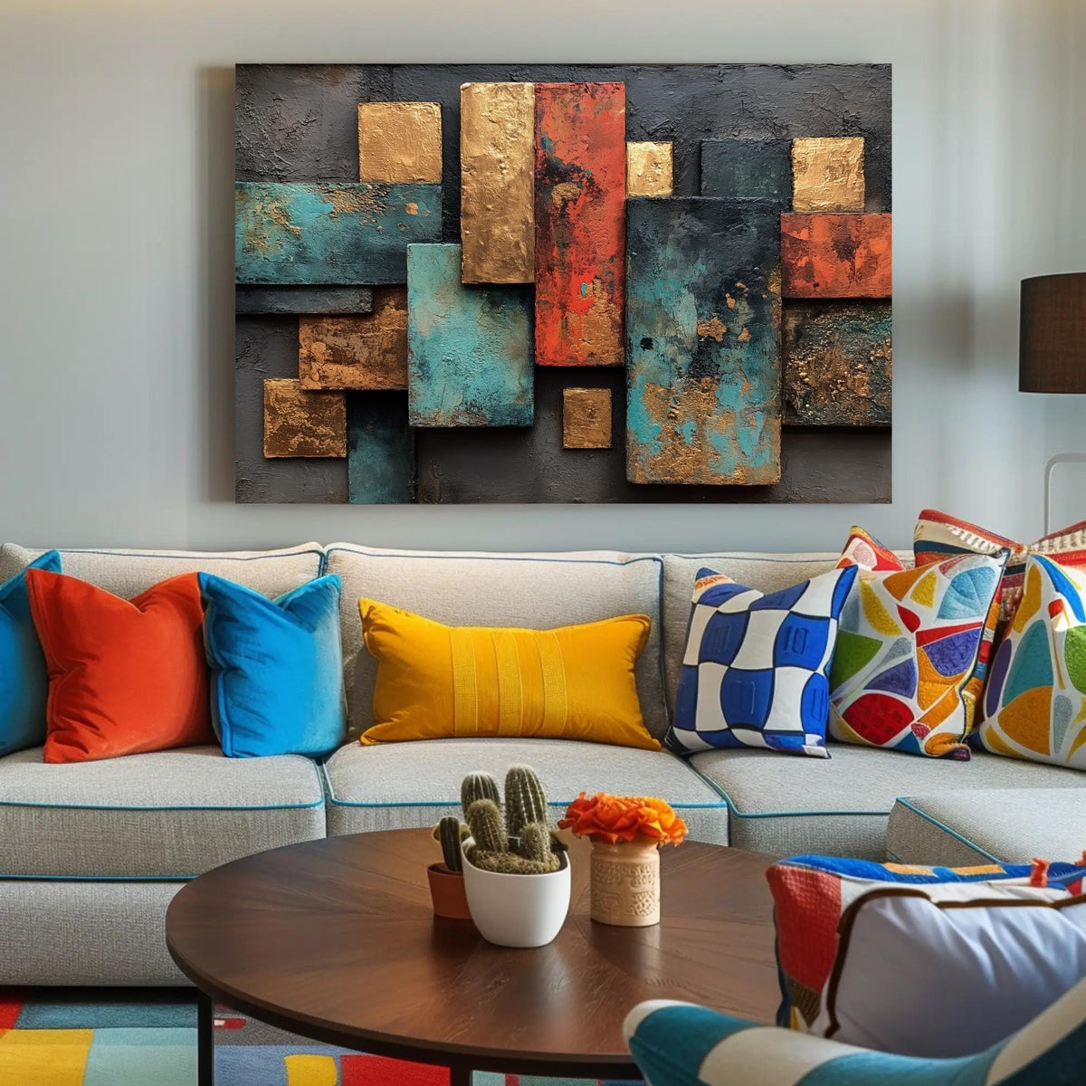 Gold teal rust geometric canvas wall art, living room filled with furniture and a painting on the wall