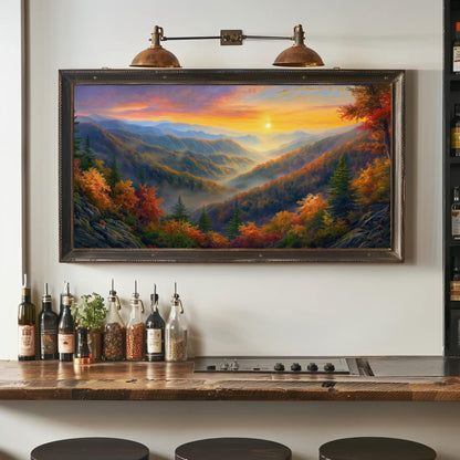 a painting hanging on a wall above a bar