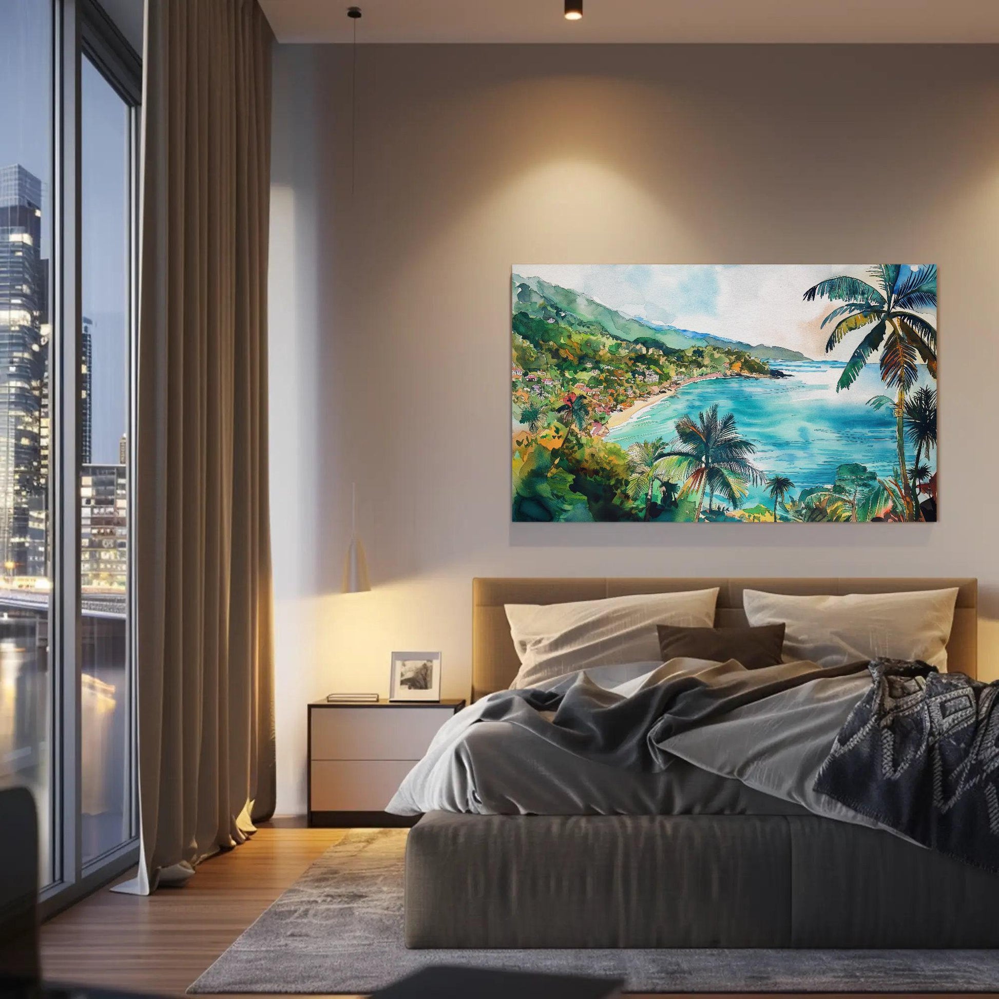 Watercolor canvas wall art shown in a bedroom (view 2)