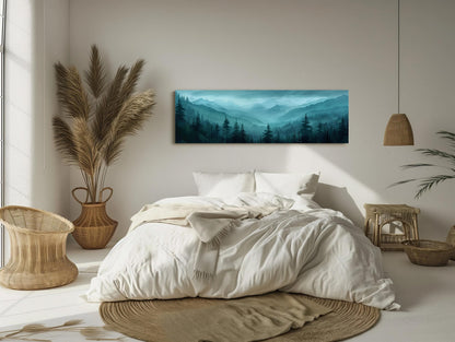 Misty Mountain Forest Art canvas wall art shown in a bedroom (view 2)