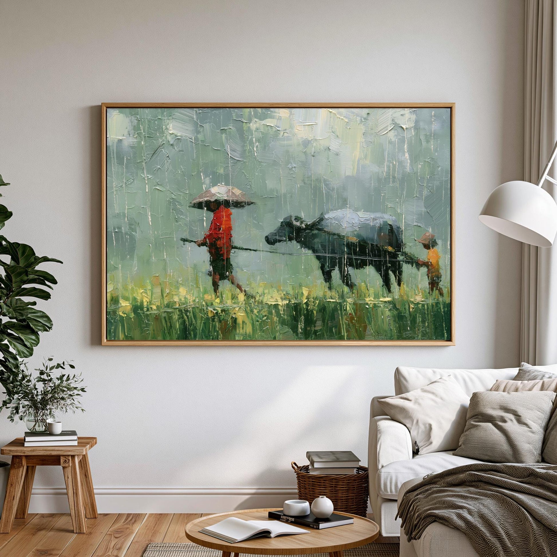 a person walking with an umbrella and a cow in a field, with a painting hanging on the wall above a couch in a living room setting.