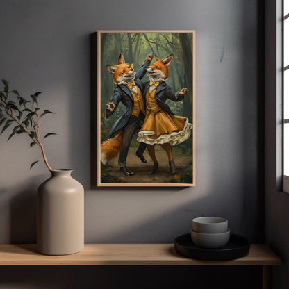 Dancing Foxes Canvas Print – Romantic Forest Art With Wooden Frame, Ready To Hang - Antarmada