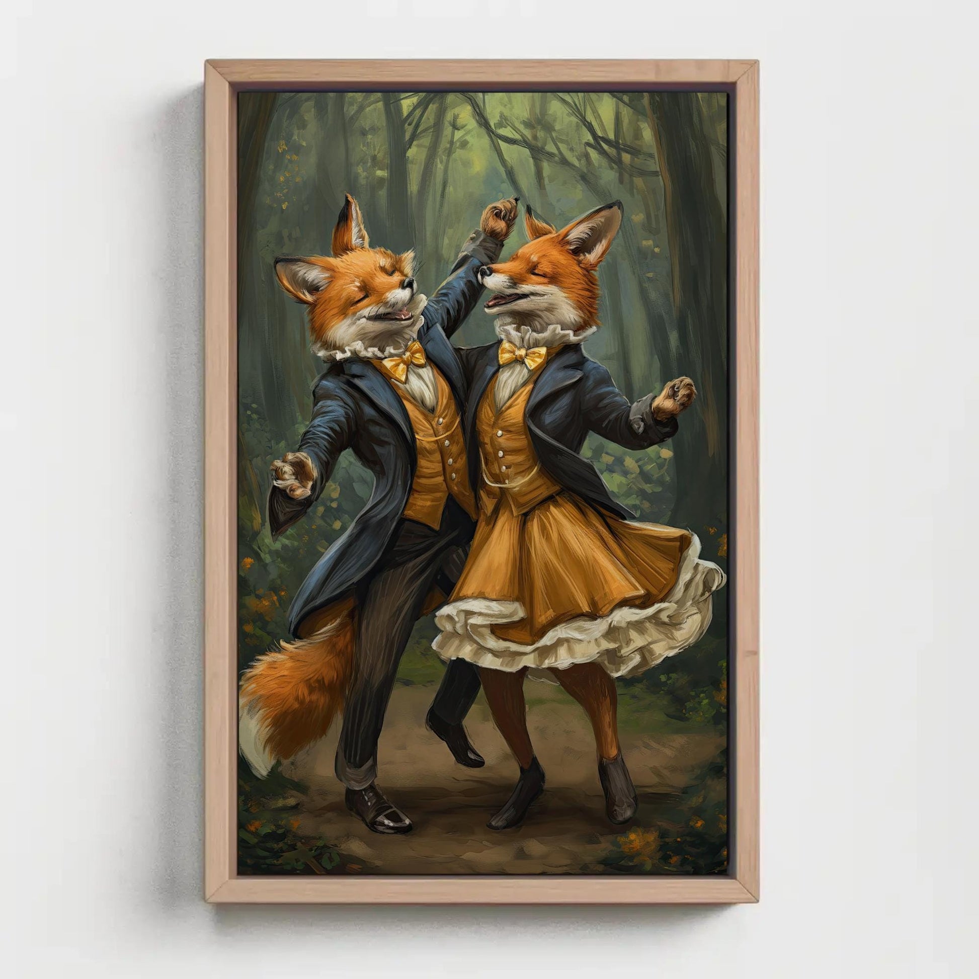 Dancing Foxes Canvas Print – Romantic Forest Art With Wooden Frame, Ready To Hang - Antarmada