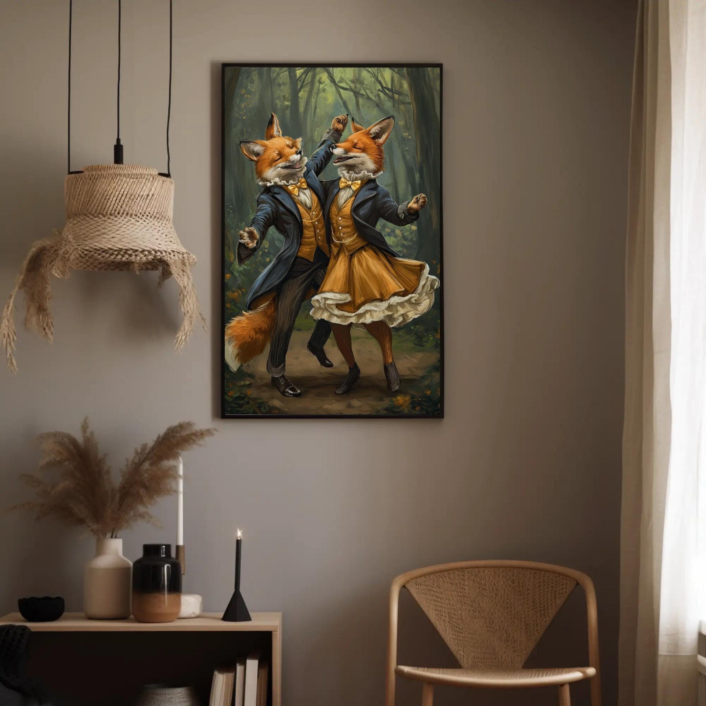 Dancing Foxes Canvas Print – Romantic Forest Art With Wooden Frame, Ready To Hang - Antarmada