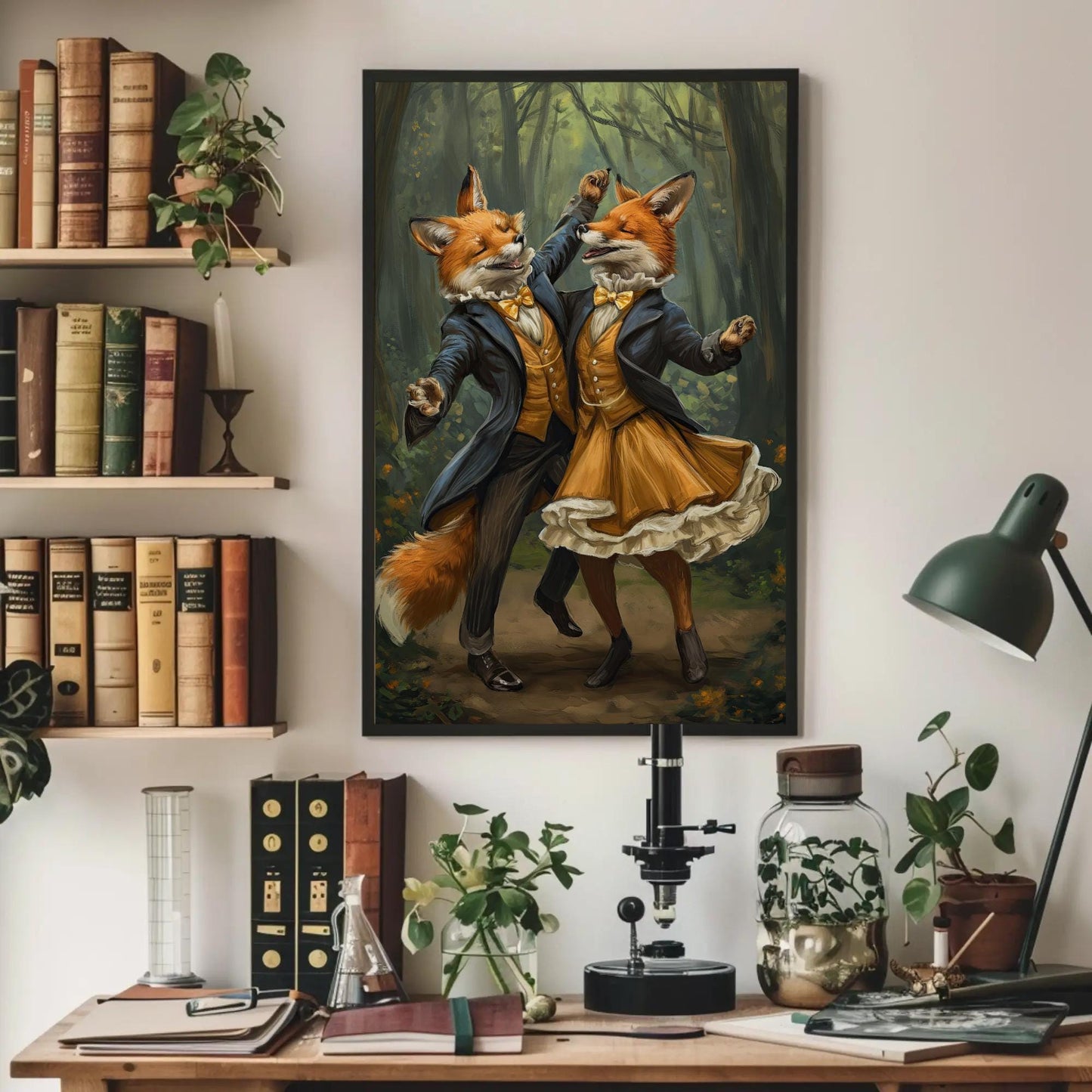 Dancing Foxes Canvas Print – Romantic Forest Art With Wooden Frame, Ready To Hang - Antarmada