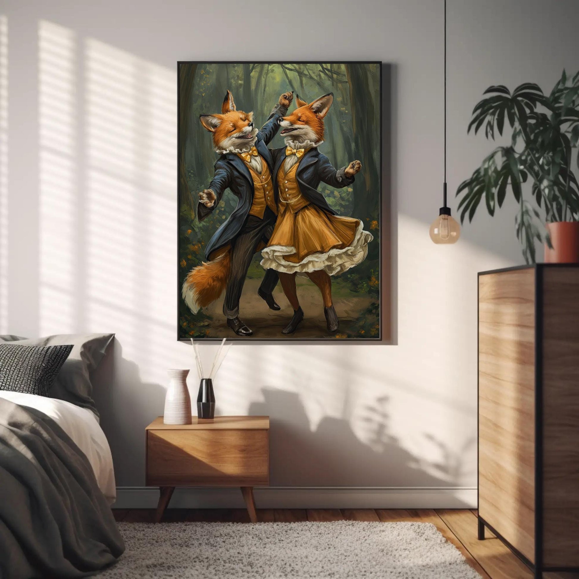 Dancing Foxes Canvas Print – Romantic Forest Art With Wooden Frame, Ready To Hang - Antarmada