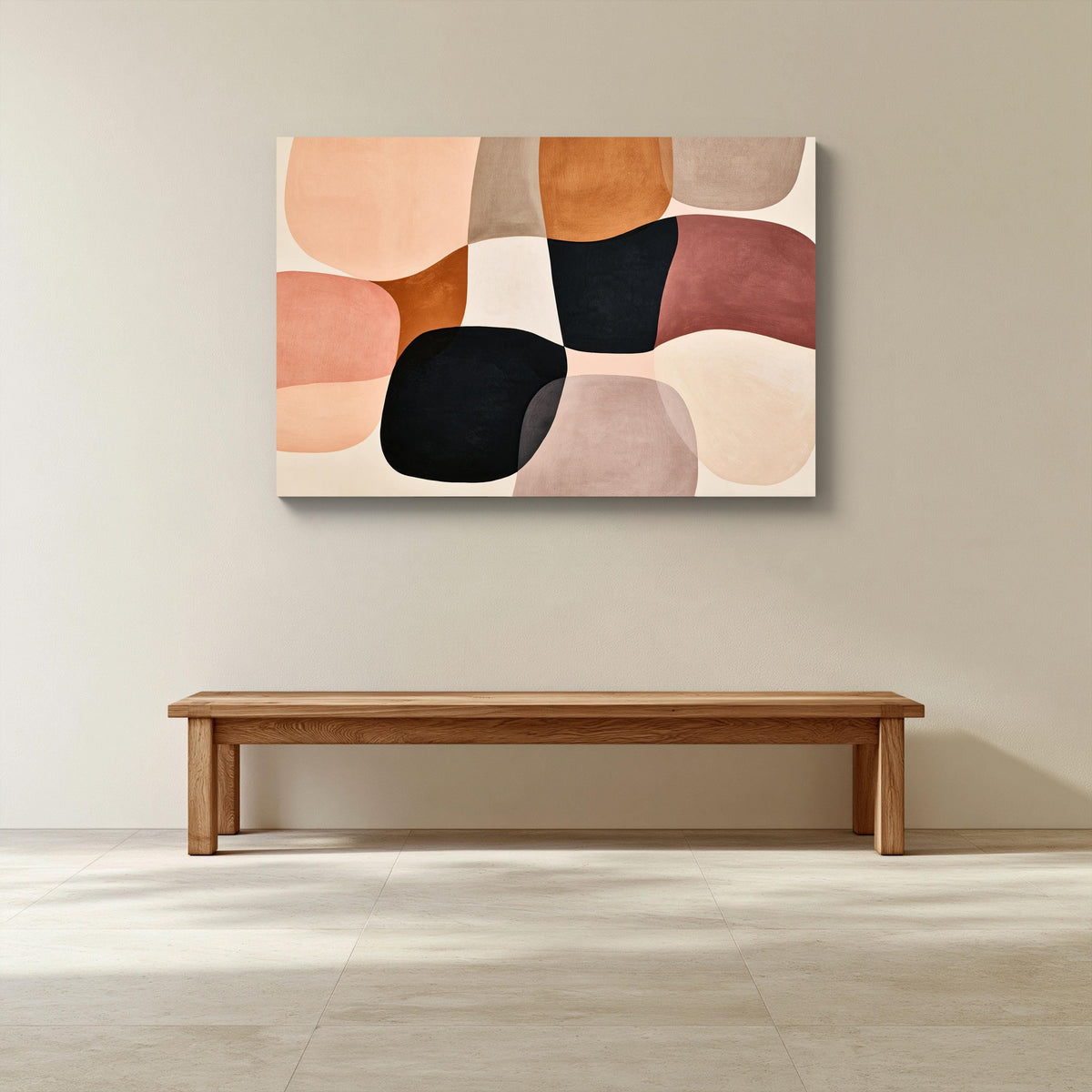Blush organic shapes abstract canvas wall art, large abstract painting hanging on a wall above a wooden bench
