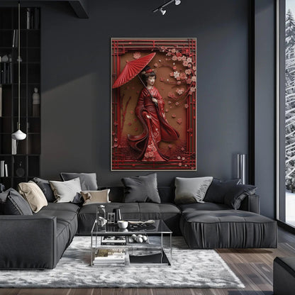 3D Geisha canvas wall art shown in a living room