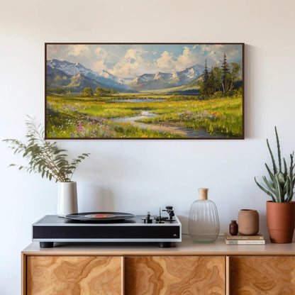 Vintage Mountain River Canvas Print, Meadow Field Wall Art
