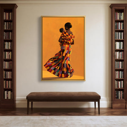 African mother and baby canvas wall art, mother in a patchwork dress carrying her baby on orange