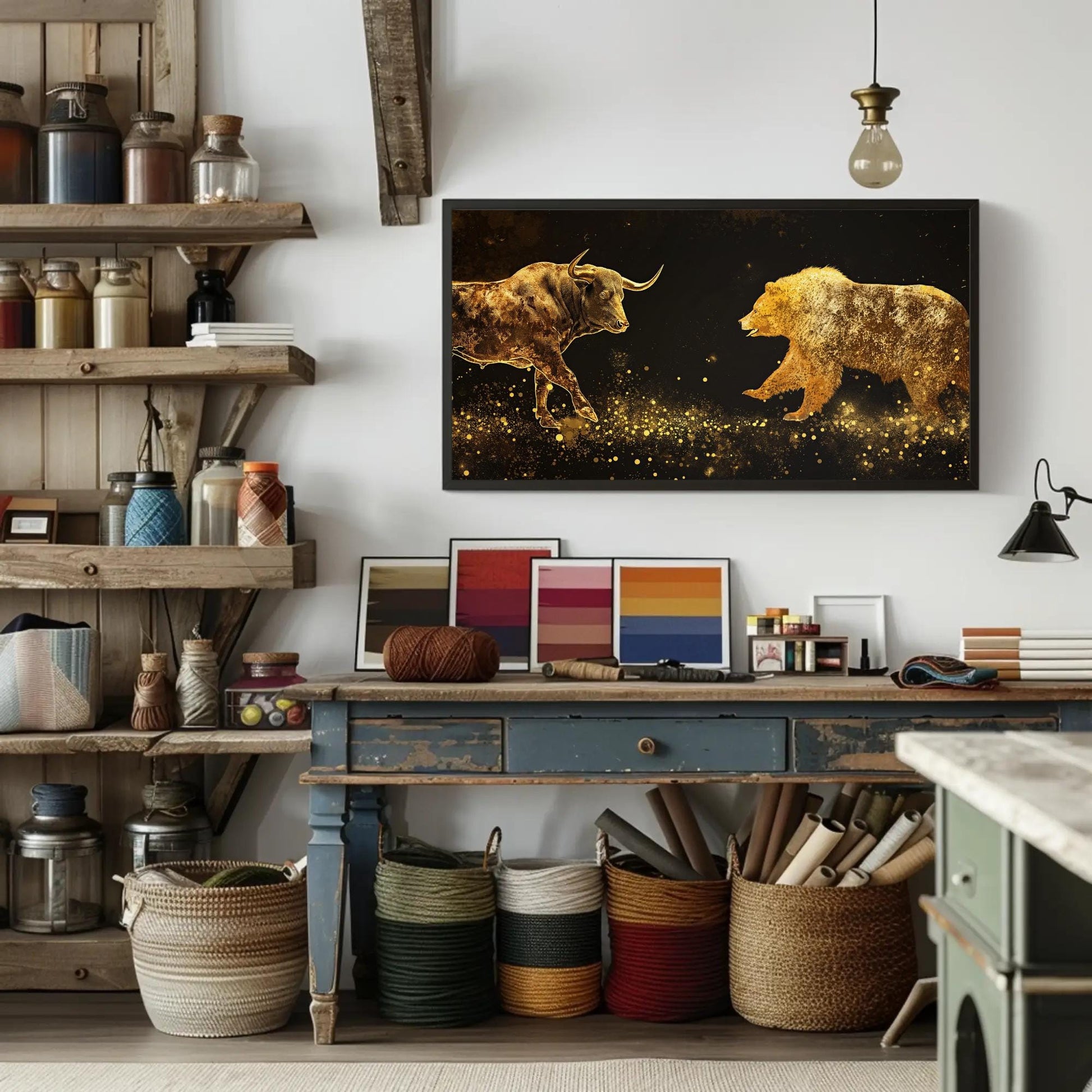 Bull Vs Bear canvas wall art shown in a styled interior