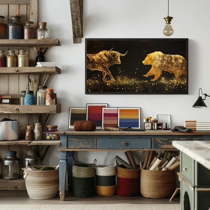 Bull Vs Bear canvas wall art shown in a styled interior