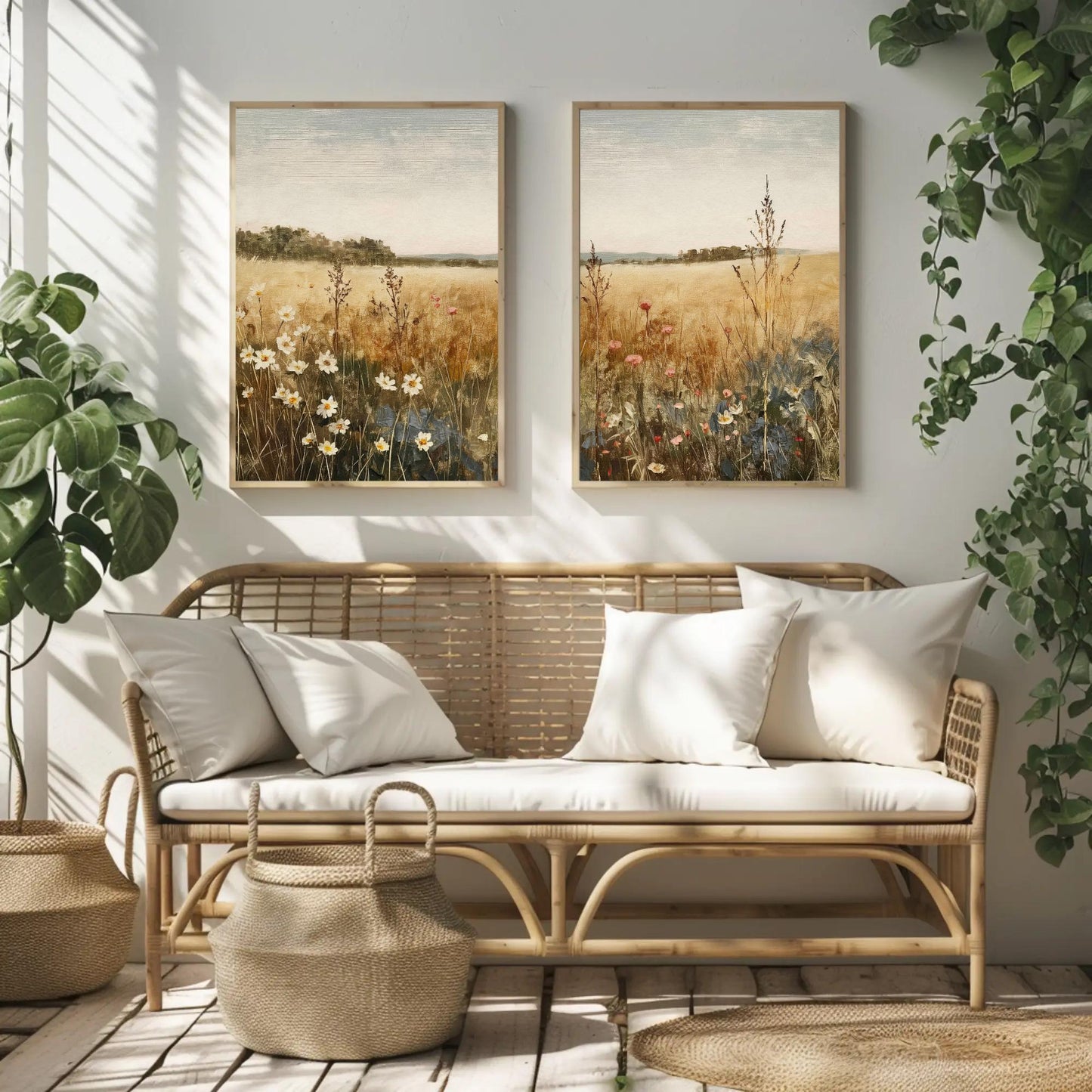Vintage Wildflower canvas wall art shown in a living room