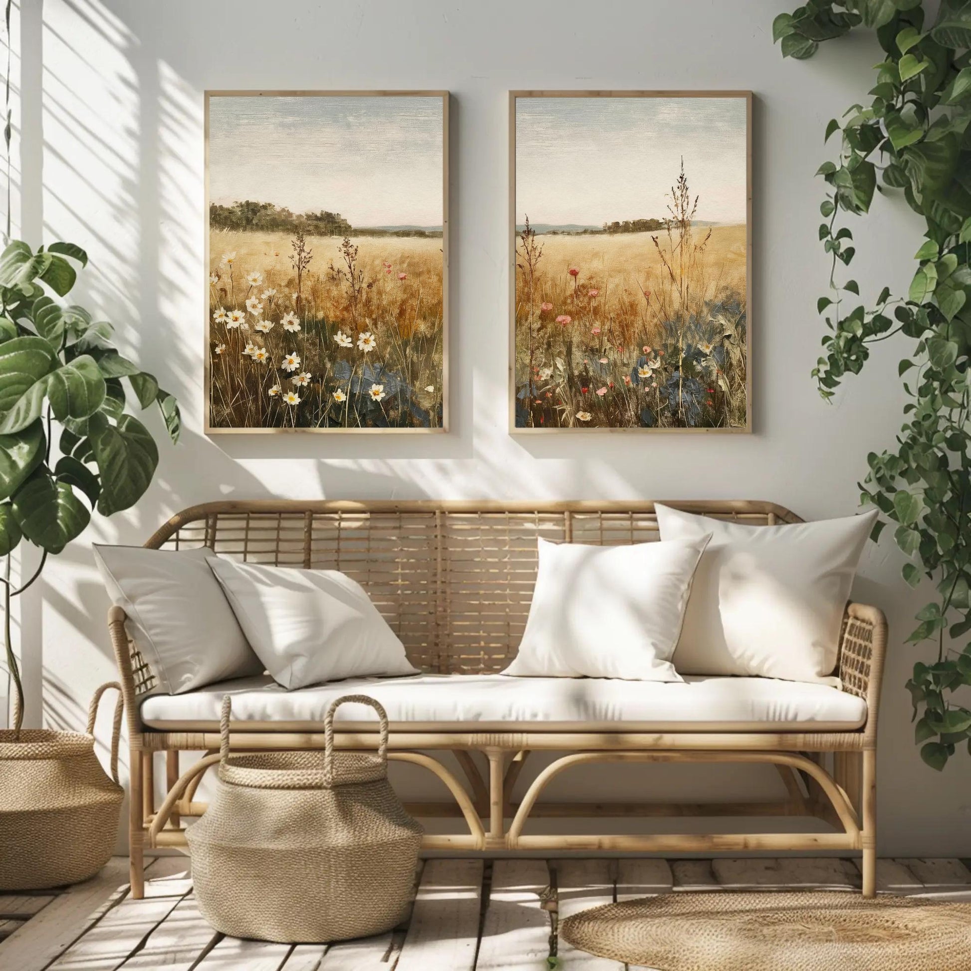 Vintage Wildflower canvas wall art shown in a living room