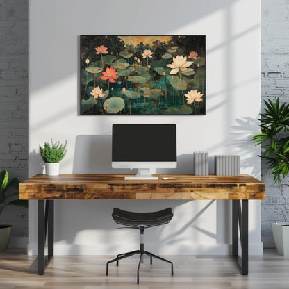 Lotus Pond , Gold Teal Indian Mughal Floral Art canvas wall art shown above a desk