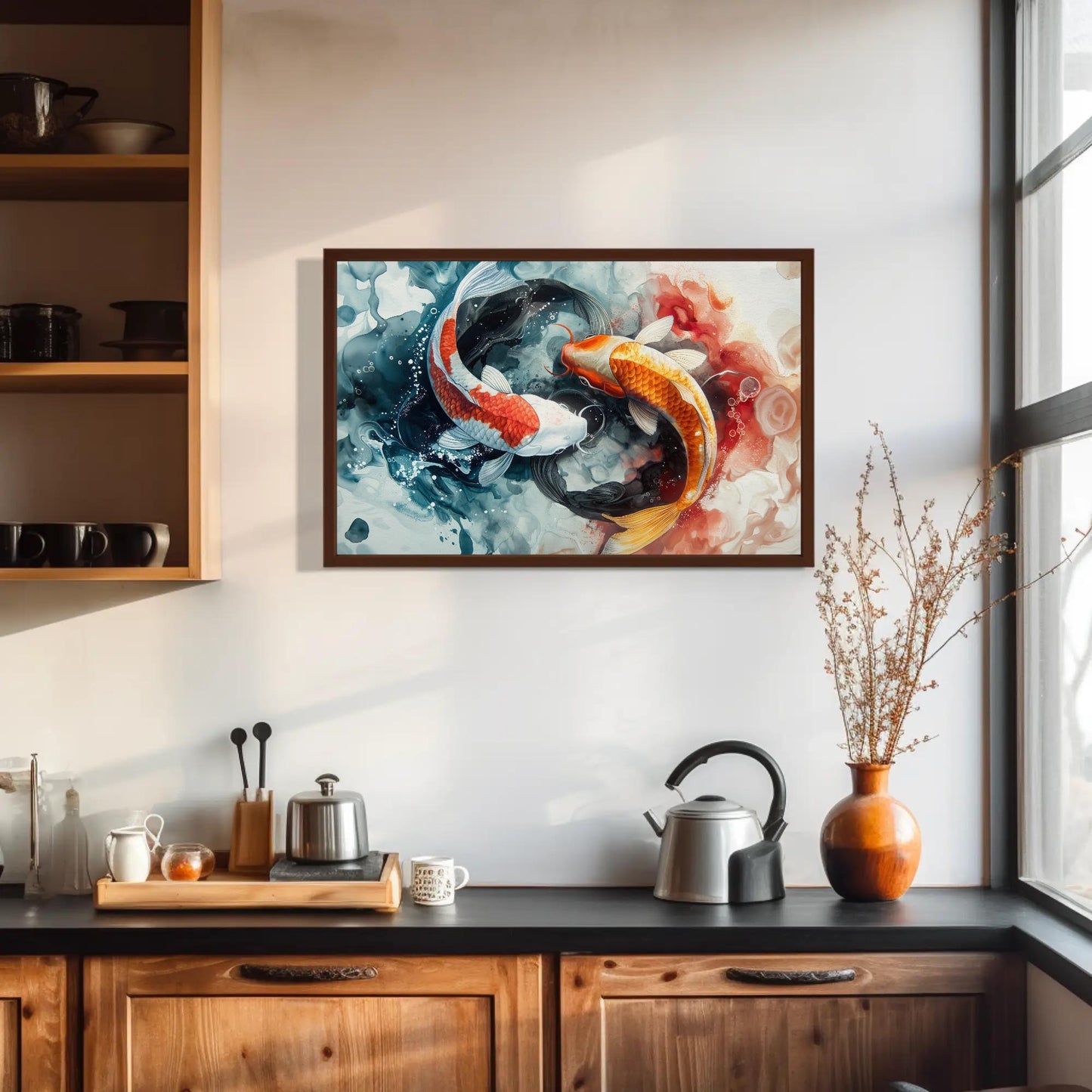 Koi Fish Watercolor canvas wall art shown in a kitchen