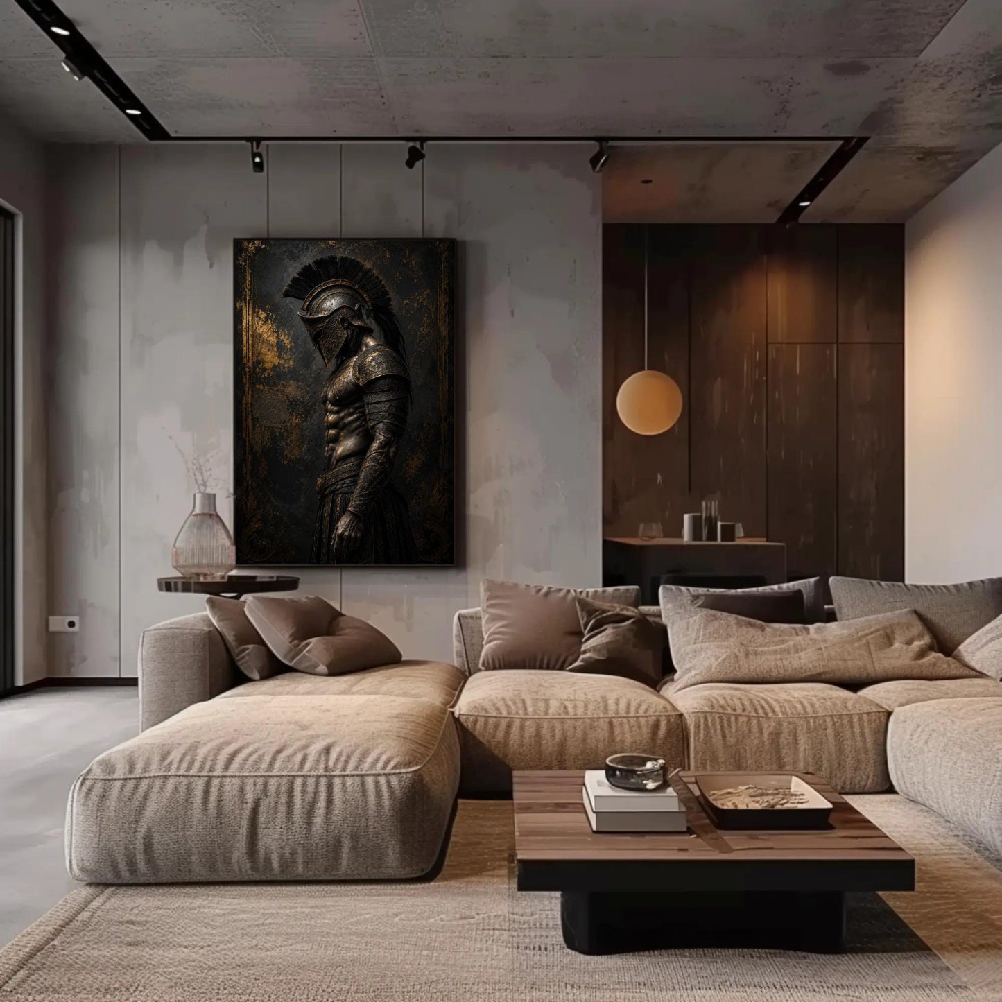 Spartan Hoplite canvas wall art shown in a living room