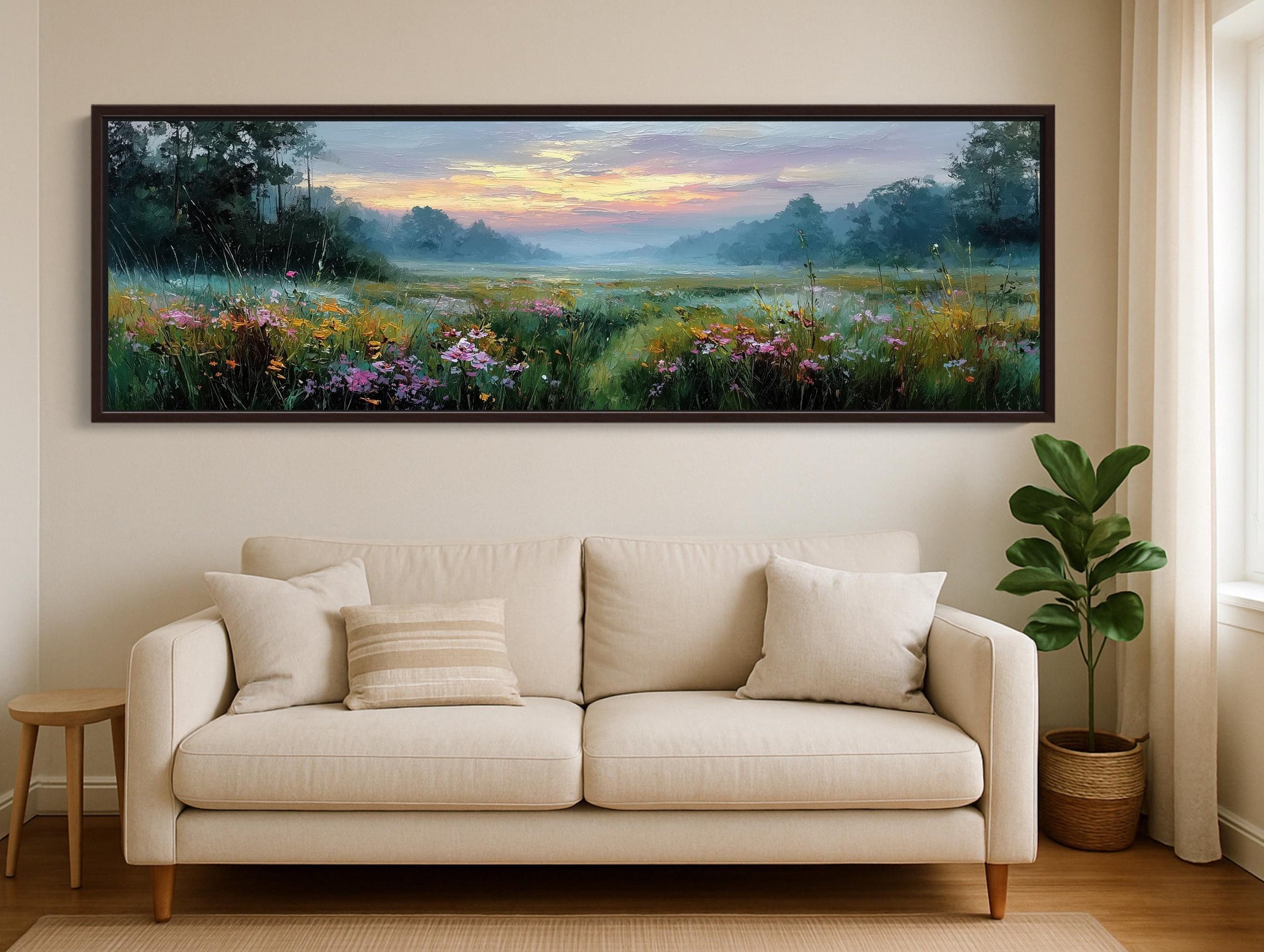 a large, framed painting of a serene landscape with a field of flowers and a colorful sunset sky. The painting is hung on a wall above a beige sofa, which is positioned in front of a window. A potted plant is also visible in the room, adding a touch of greenery to the space.