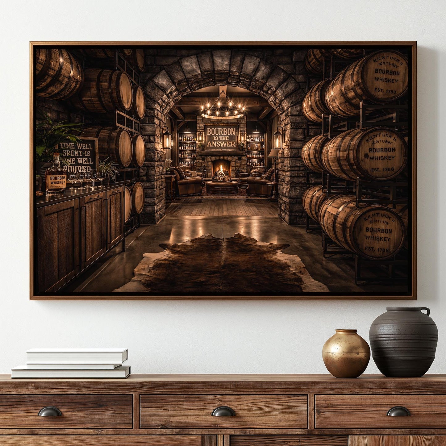 a rustic, old-fashioned whiskey distillery with wooden barrels lining the walls and a fireplace in the center. The room is filled with various barrels and barrels, creating a sense of abundance and richness. The wooden furniture and decor contribute to the overall warm and inviting atmosphere of the space.