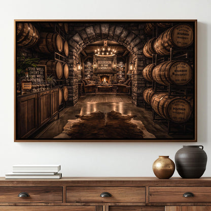 a rustic, old-fashioned whiskey distillery with wooden barrels lining the walls and a fireplace in the center. The room is filled with various barrels and barrels, creating a sense of abundance and richness. The wooden furniture and decor contribute to the overall warm and inviting atmosphere of the space.