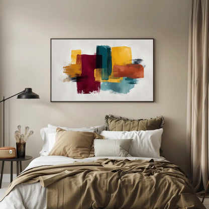 Abstract color brushstrokes canvas wall art, modern bedroom with a large abstract painting hanging on the wall above a bed