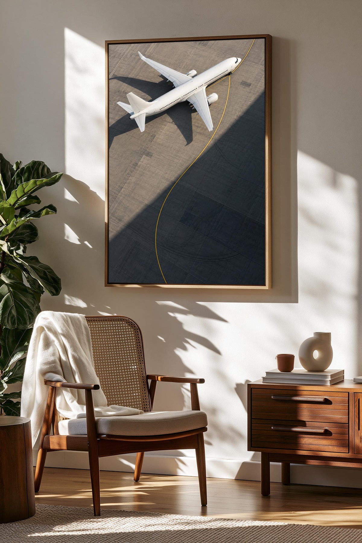 a modern living room with a large framed picture of a white airplane on the wall, a wooden chair, a wooden side table, and a potted plant.