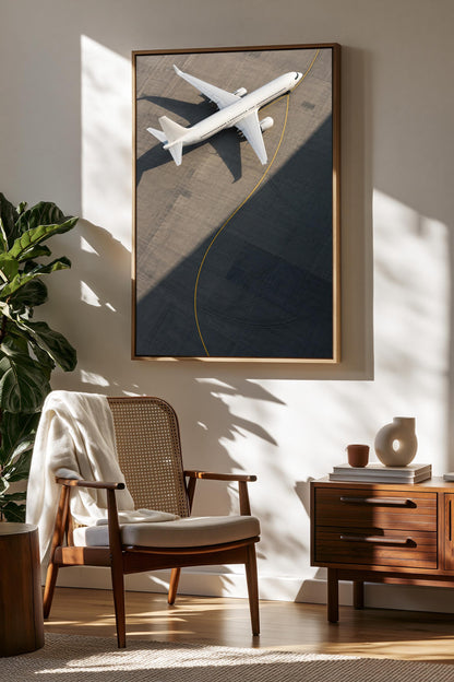 a modern living room with a large framed picture of a white airplane on the wall, a wooden chair, a wooden side table, and a potted plant.