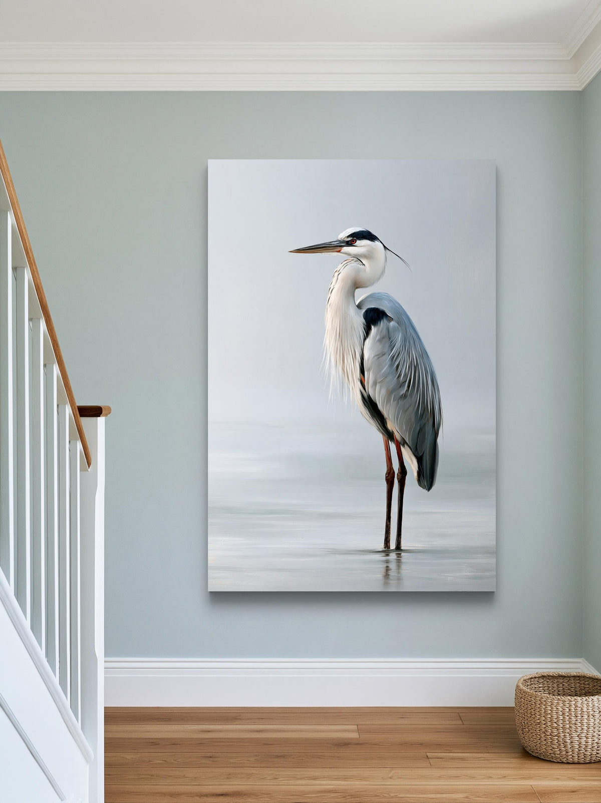Grey heron in still water canvas wall art, large, white heron standing on a wooden floor in a room with a staircase and a