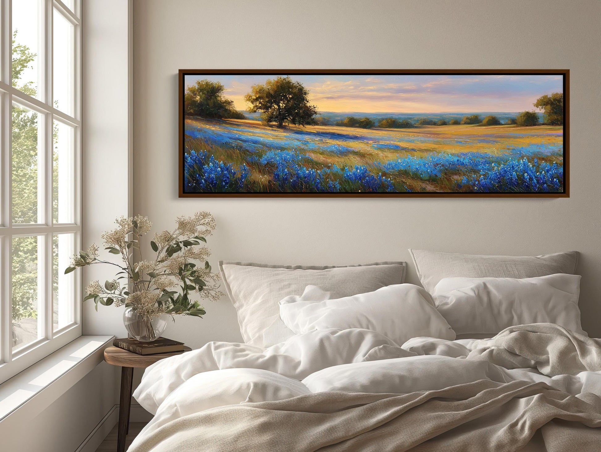 Texas Bluebonnet , Panoramic Sunset canvas wall art shown above a bed