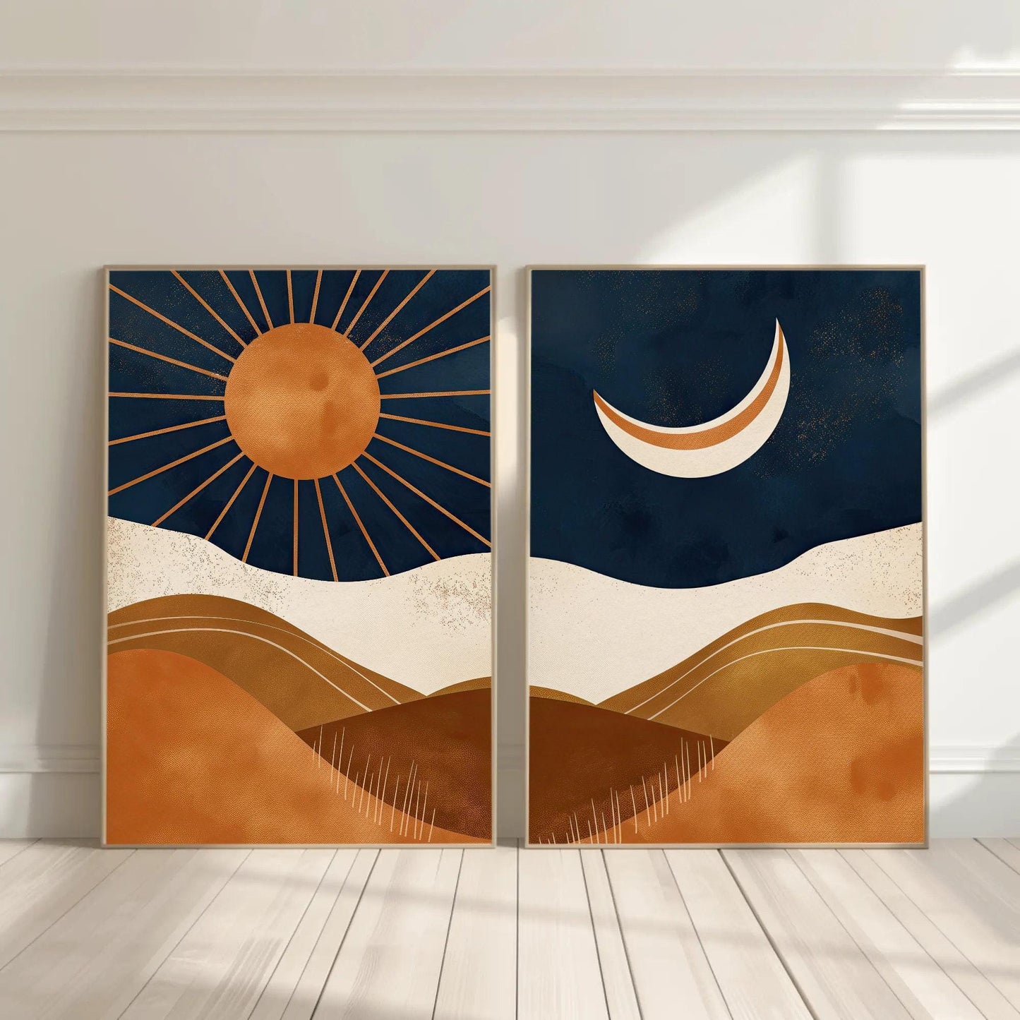 Sun and Moon canvas wall art shown in a styled room
