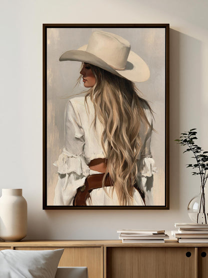 a woman with long blonde hair wearing a white hat, standing in a room with a wooden cabinet and a stack of books.