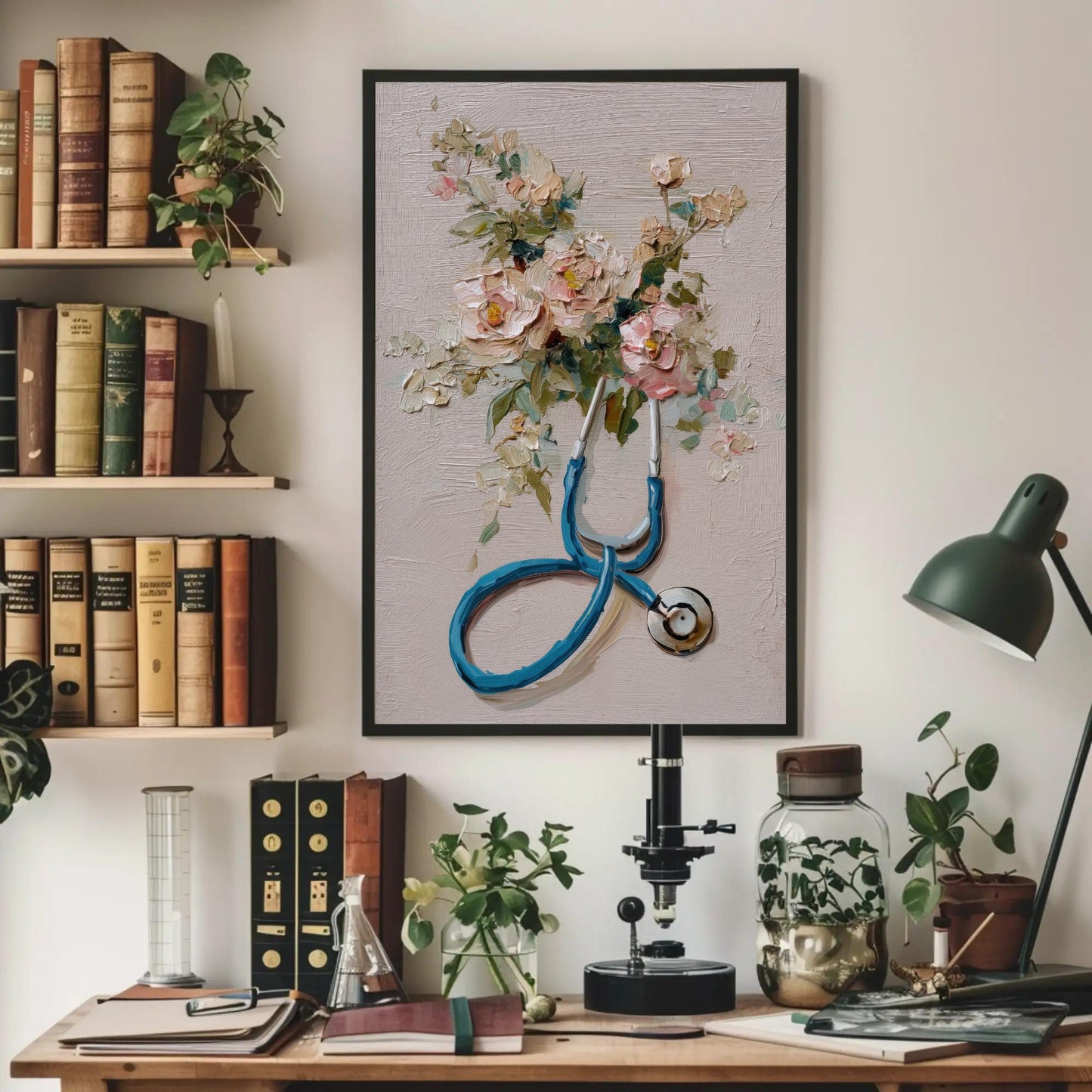 Doctor canvas wall art shown above a desk