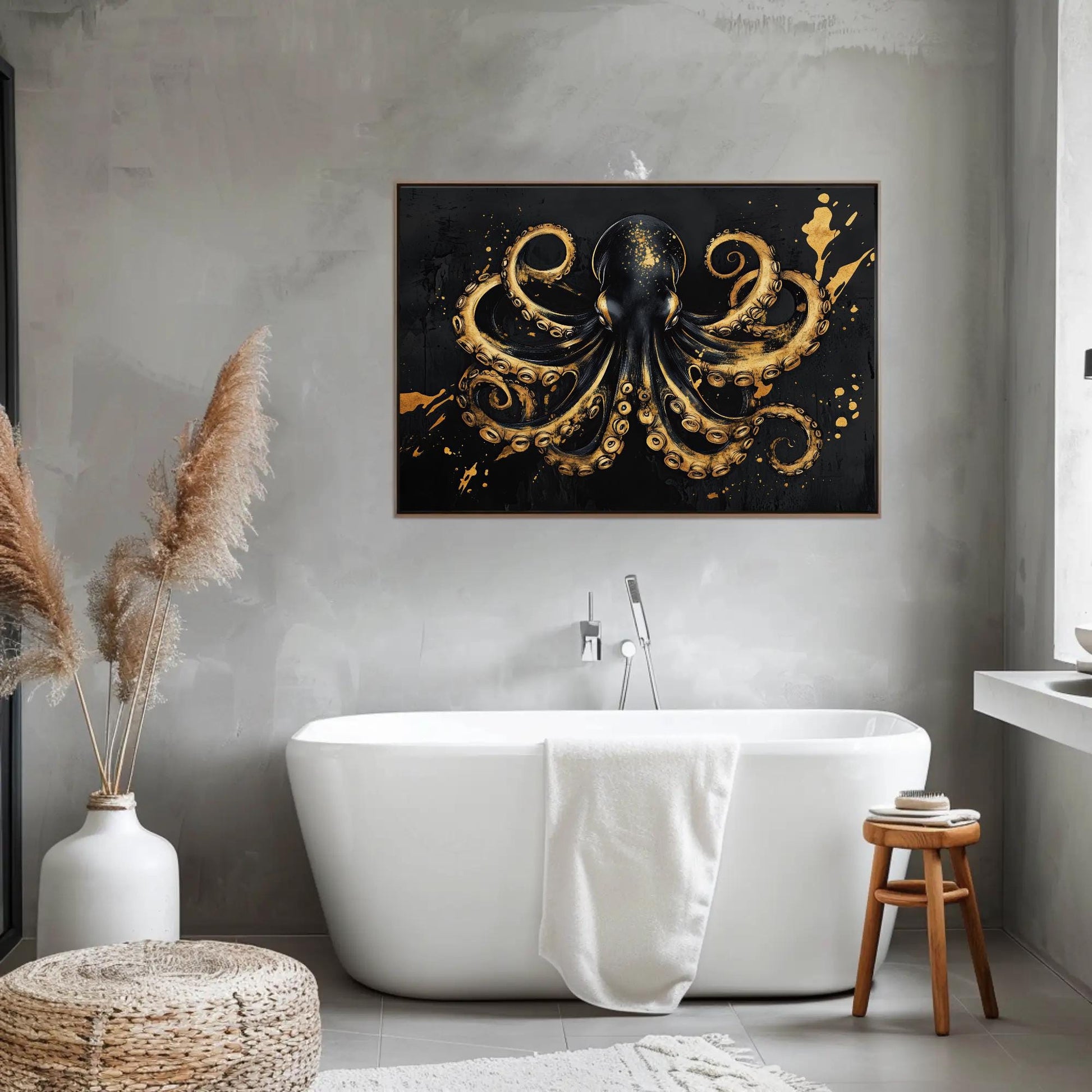 a bathroom with a bathtub and a painting on the wall
