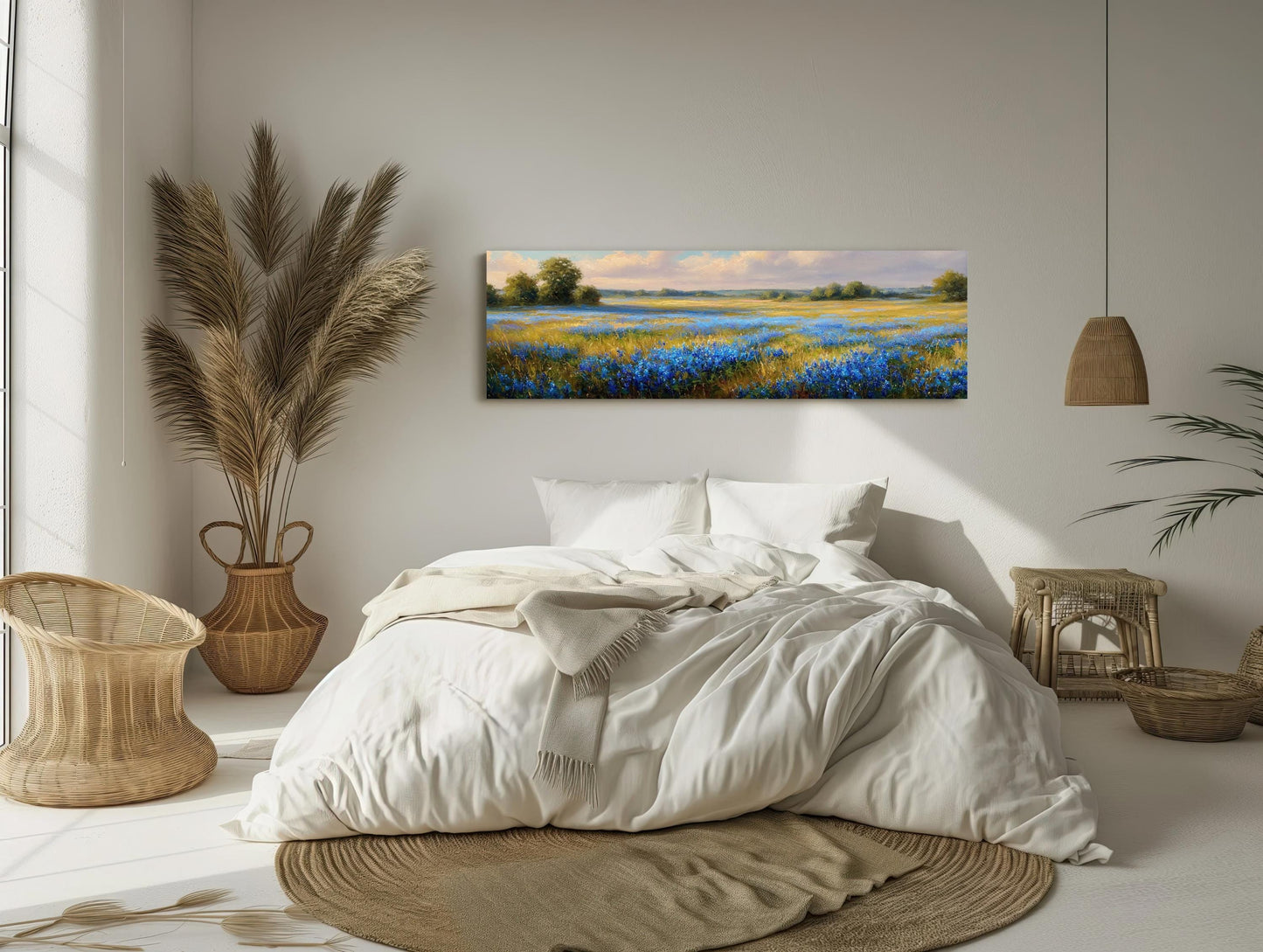 Bluebonnet canvas wall art shown in a bedroom