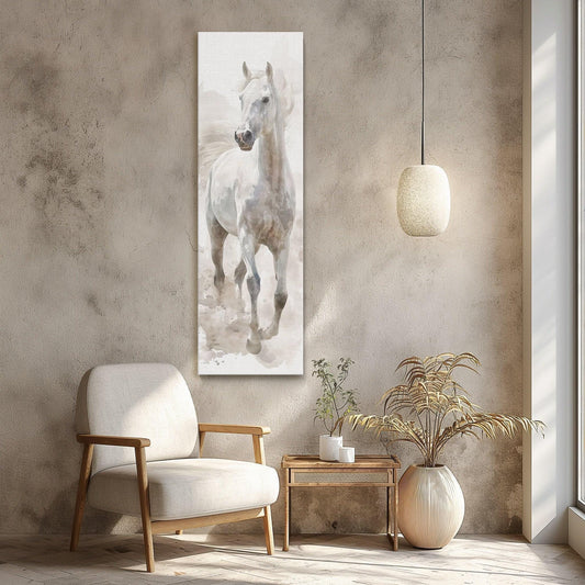 White Horse Canvas Print | Tall Narrow Farmhouse Wall Art With Wooden Frame