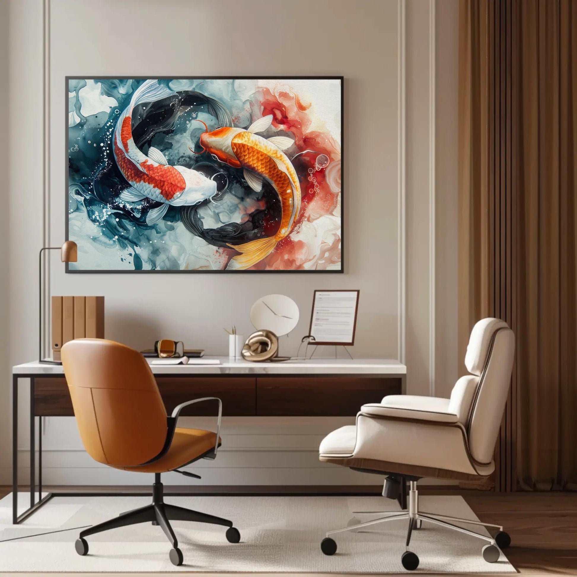 Koi Fish Watercolor canvas wall art shown above a desk