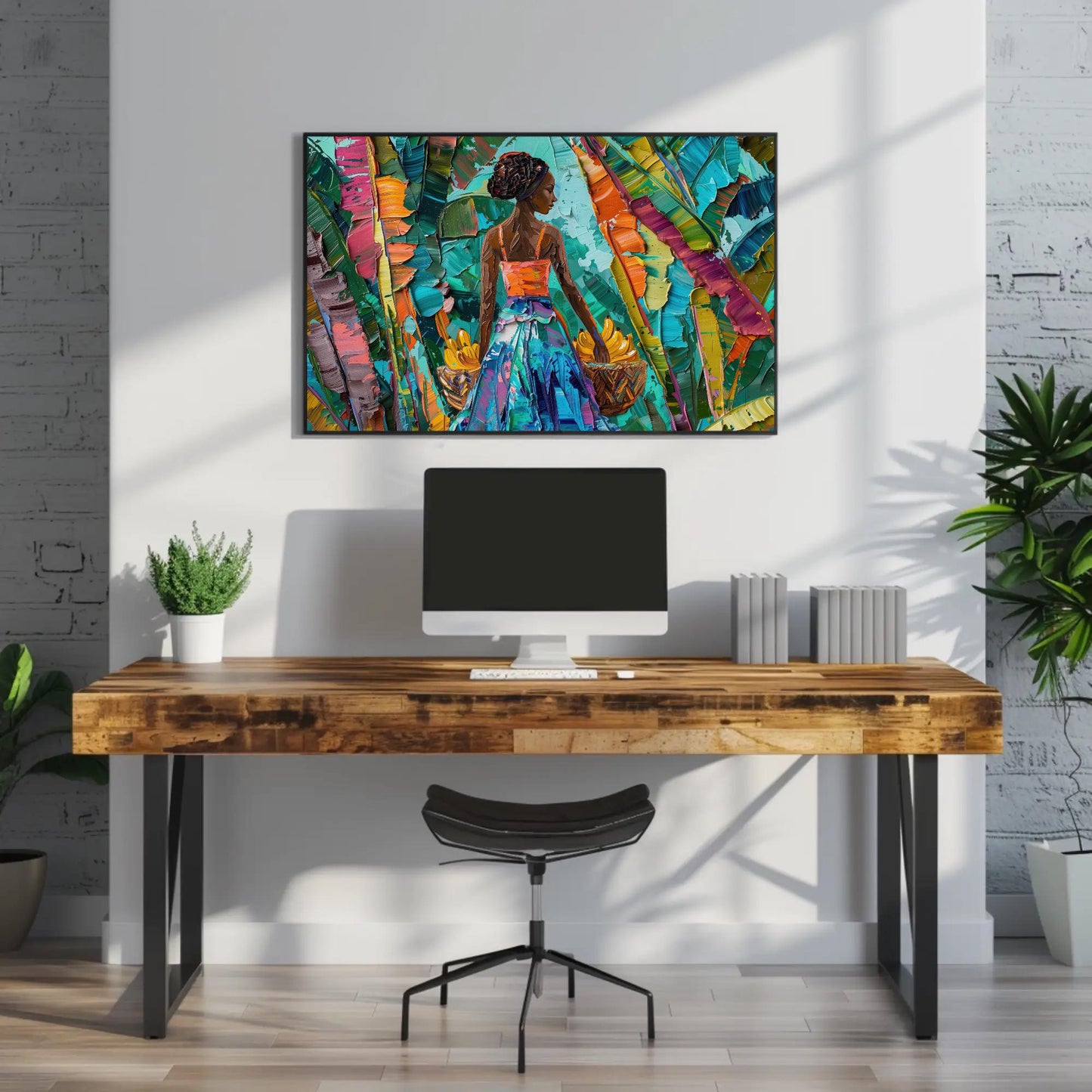 Caribbean Woman canvas wall art shown above a desk