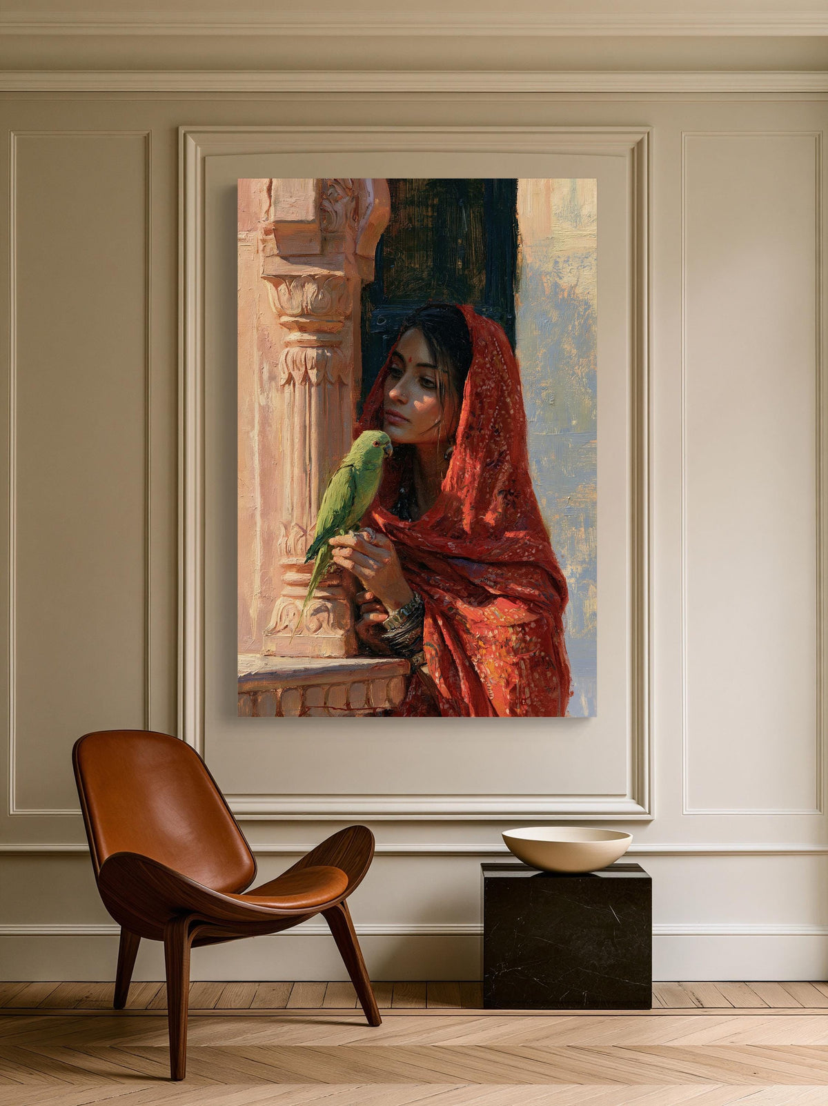 Rajasthani woman with parakeet canvas wall art, woman in a red shawl holding a green parrot, with a brown leather chair and