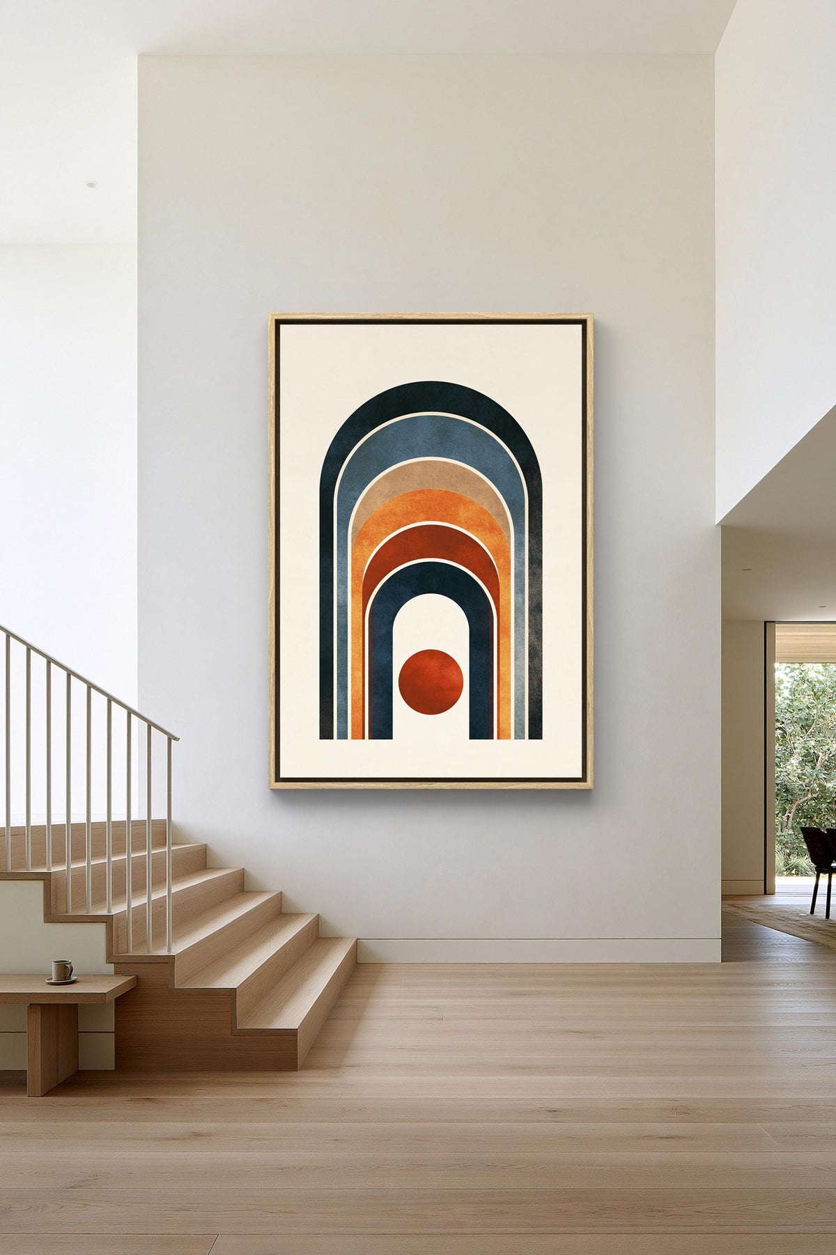 Boho rainbow arch and sun canvas wall art, modern art piece with a geometric design, hanging on a white wall above a