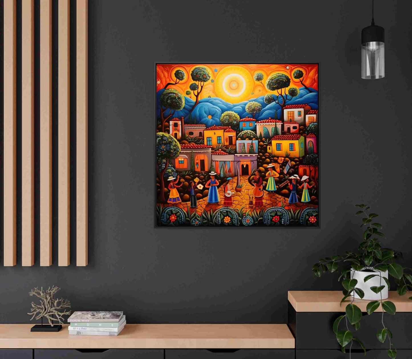Mexican Folk Art , Colorful Village art deco canvas wall art for the home