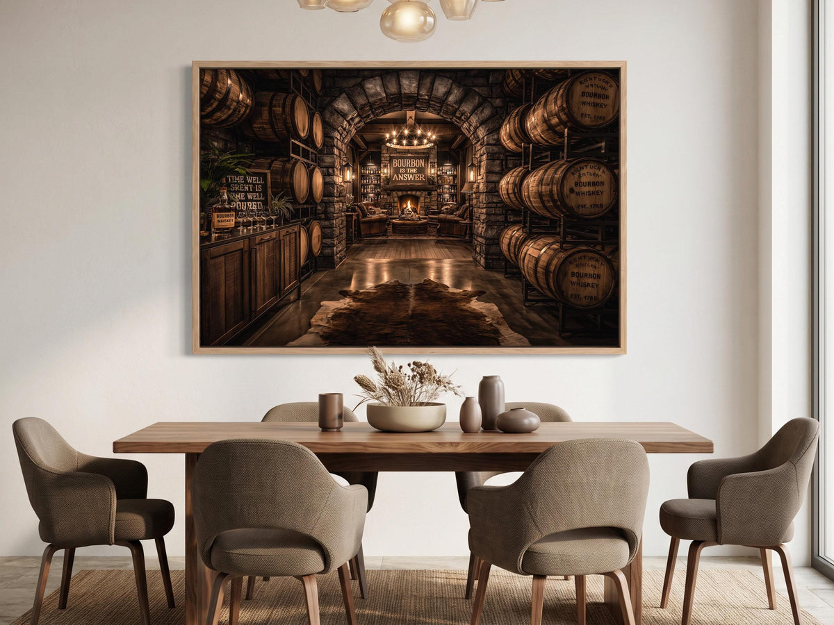 a rustic wine cellar with wooden barrels lining the walls and a wooden table in the center. The room is illuminated by a chandelier, creating a warm and inviting atmosphere.