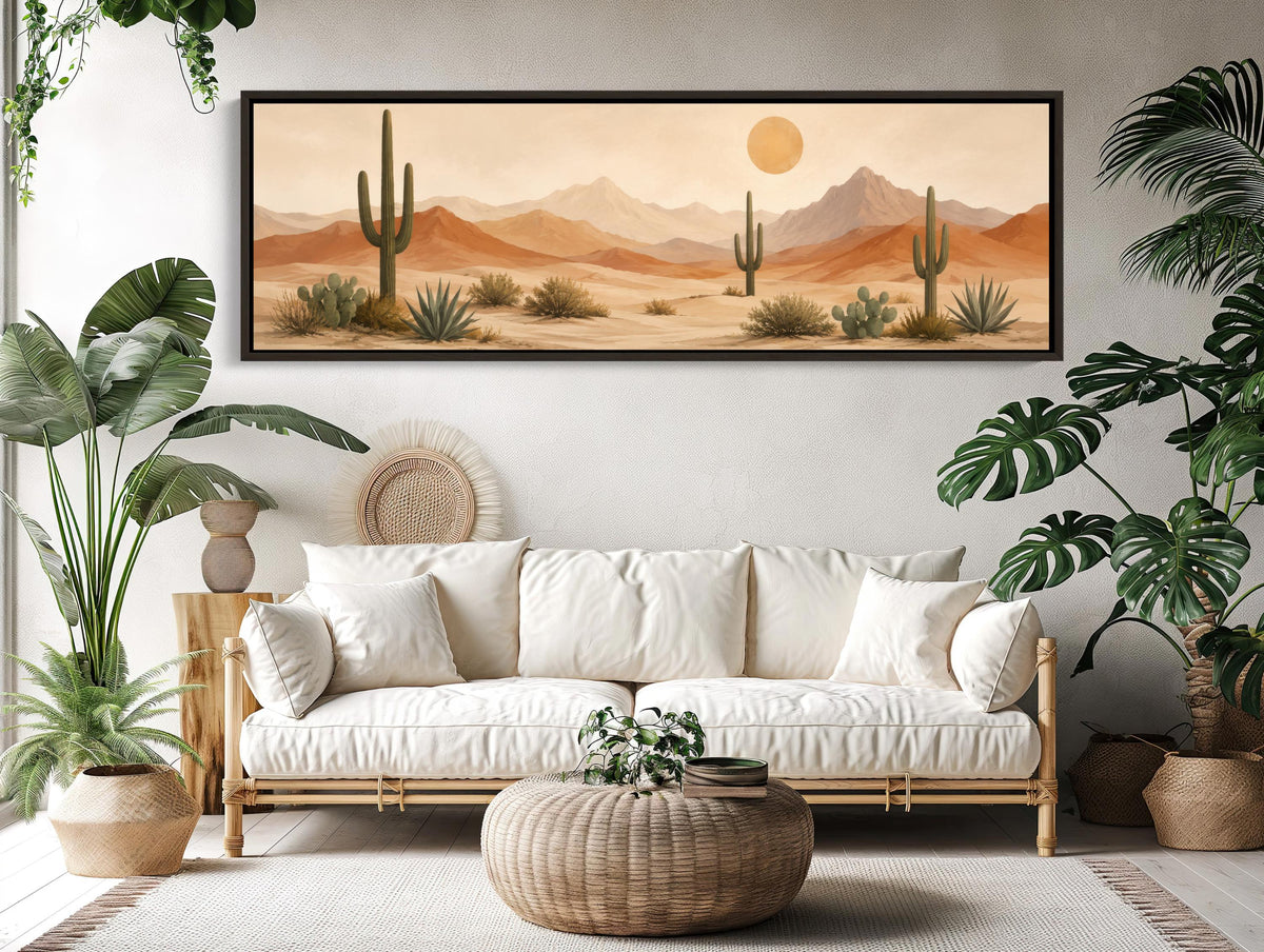 Saguaro desert panorama canvas wall art, desert landscape with a large framed painting hanging on the wall above a white