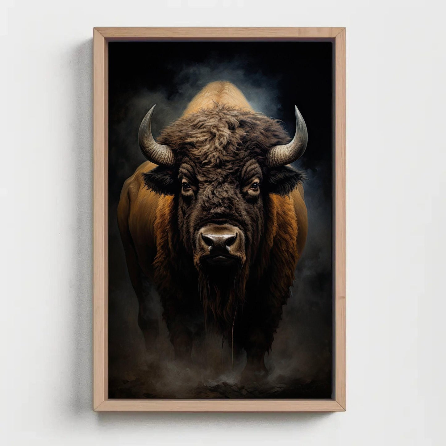 Bison canvas wall art shown in a styled room