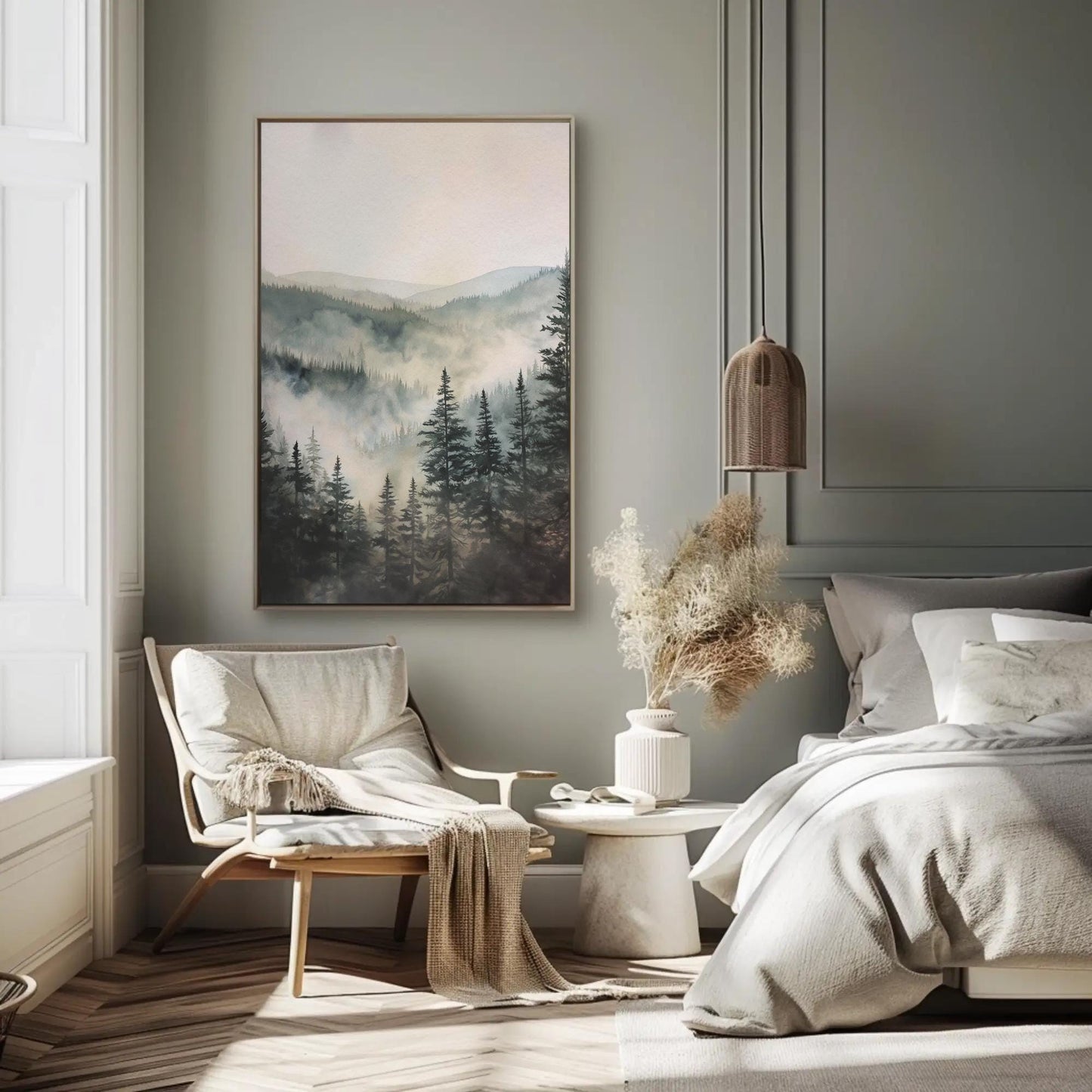 Misty Pine Forest canvas wall art shown in a bedroom