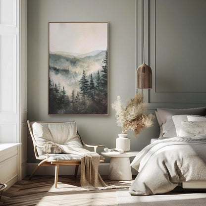 Misty Pine Forest canvas wall art shown in a bedroom