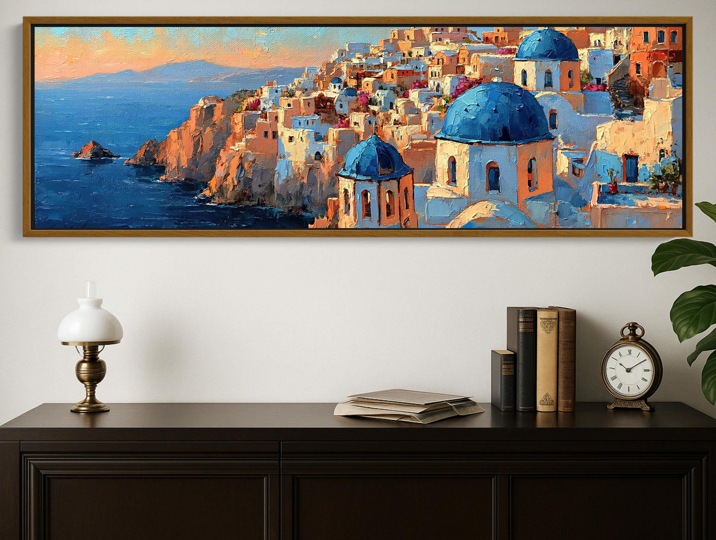 Santorini Cliffside Painting canvas wall art shown above a cabinet