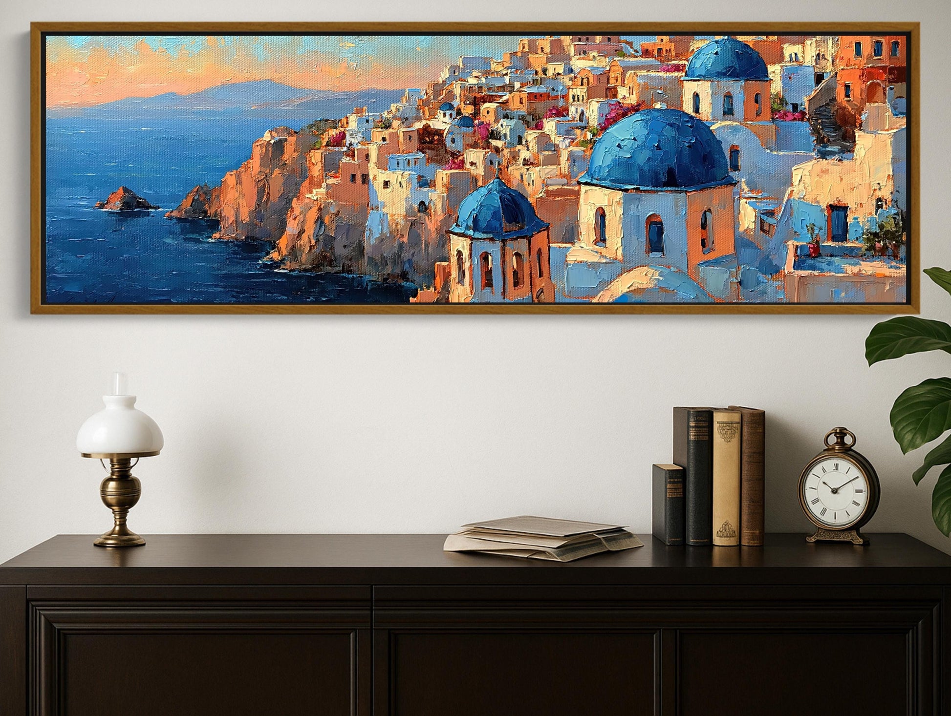 Santorini Cliffside Painting canvas wall art shown above a cabinet