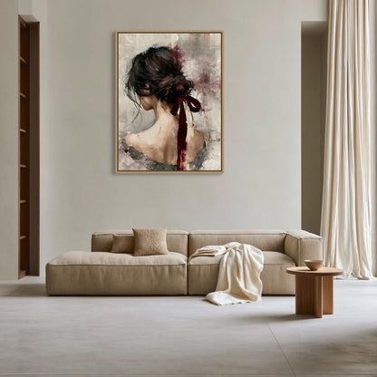 Woman with burgundy ribbon canvas wall art, large painting of a woman's face hanging on a wall above a beige sofa in a